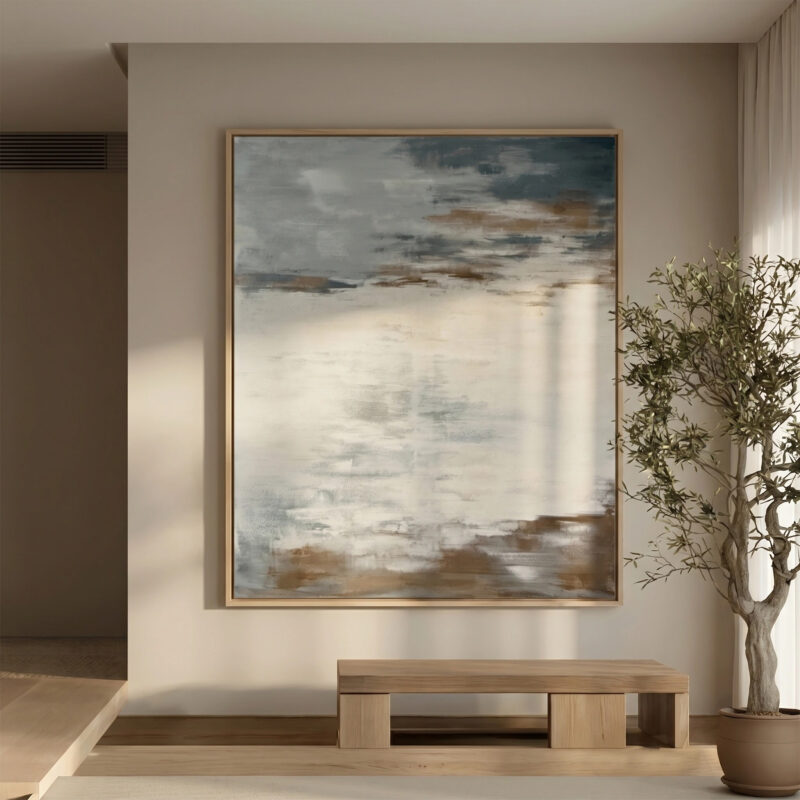 Obraz "Japandi-26" Format 100x120cm. Japandi 25 - obraz inspirowany spokojem natury, subtelnym światłem i harmonią prostych form. Delikatne przejścia szarości, beżu i ciepłych brązów tworzą kompozycję pełną ciszy, oddechu i równowagi. To praca, która idealnie odnajduje się we wnętrzach w stylu japandi, modern minimal i soft organic - tam, gdzie liczy się naturalność, przestrzeń i ponadczasowy spokój szare akcenty szary obraz z brązami